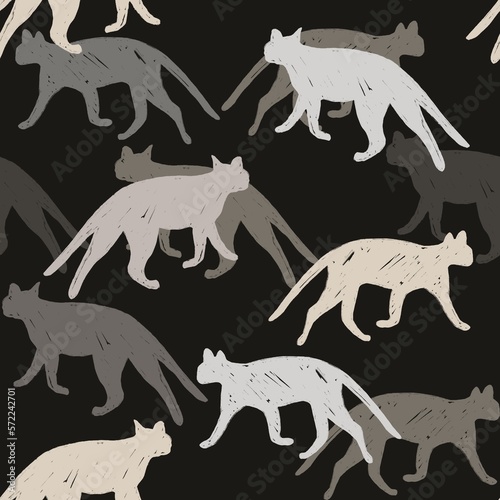 Hand drawn cats seamless pattern. Muted color pattern  dark background