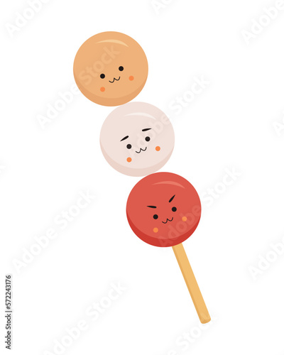 cute dango on sticks in kawaii style isolated on white background. Japan food. Asian cuisine. Sweet dessert. Meal. Bakery. Dish. Vector illustration