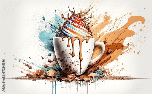 Cup of coffee watercolor illustration. Generative AI technology.