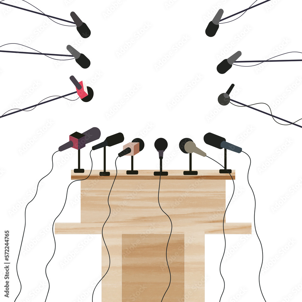 Wooden podium tribune of microphones on podium on PNG transparent
