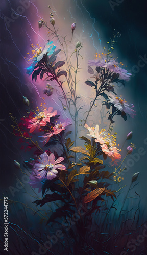 Painterly wild flowers on abstract background with smokey lights and fog around, soft and elegant, Generative Ai
