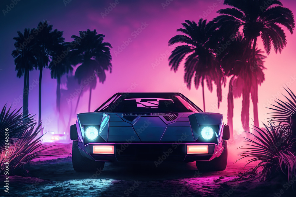 Illustration of a 80s style vaporwave retro futuristic supercar in a blue and pink neon cyber digital Miami city .Generative AI	