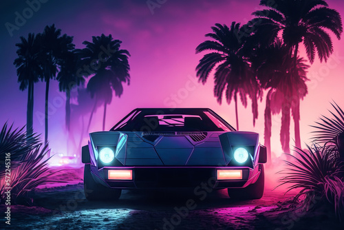 Illustration of a 80s style vaporwave retro futuristic supercar in a blue and pink neon cyber digital Miami city .Generative AI  © Michael