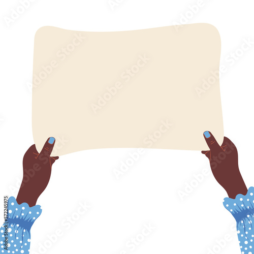 African woman's hands holding empty blank paper, banner with copy space,  blank for an advertising message. Template for business, school, shop.Vector illustration