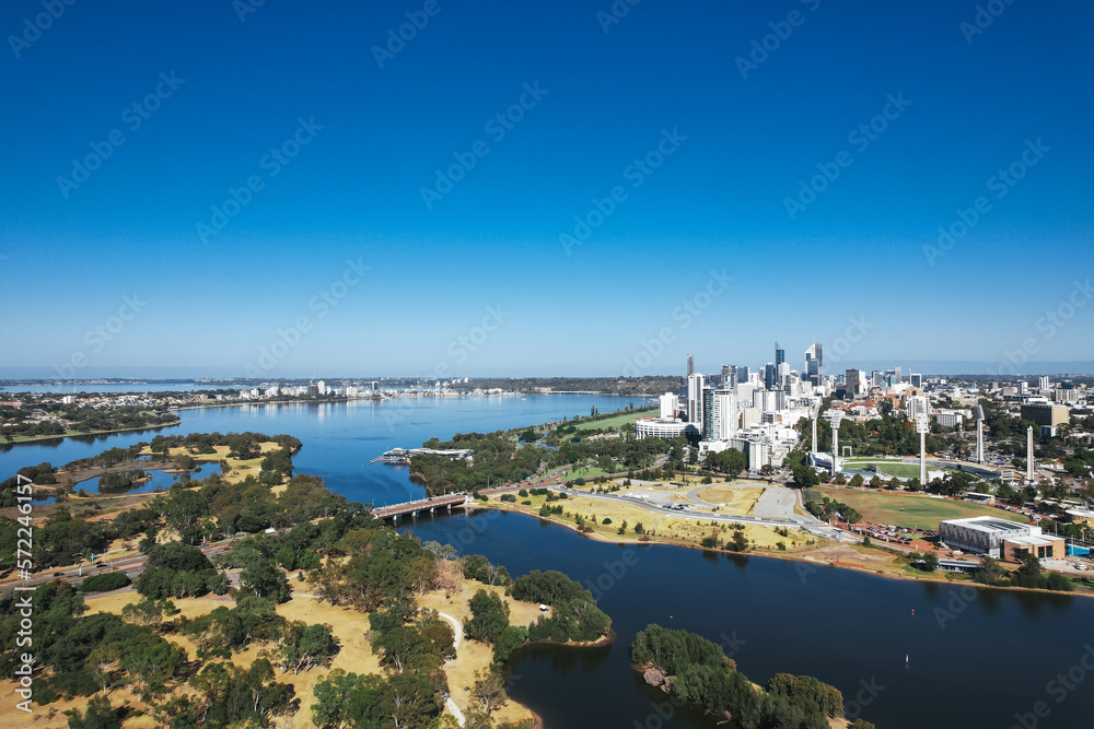 Aerial view of Heirisson Island and the surrounding Swan River on the Causeway in Perth, Western Australia
