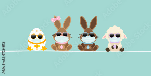 Schaf, 2 Osterhasen Mädchen/Junge & Osterei Maske Sonnenbrille Banner Türkis