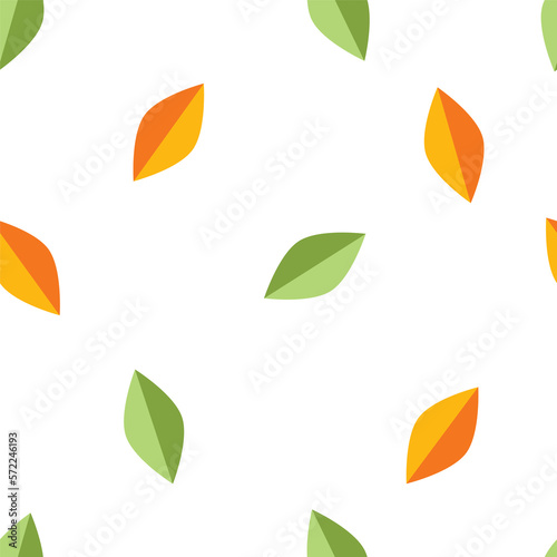 Seamless vector pattern of falling leaves, green and orange colour. Graphic leaf with two tone colour, simple and clean pattern for paper wrap, fashion, backdrop and print.