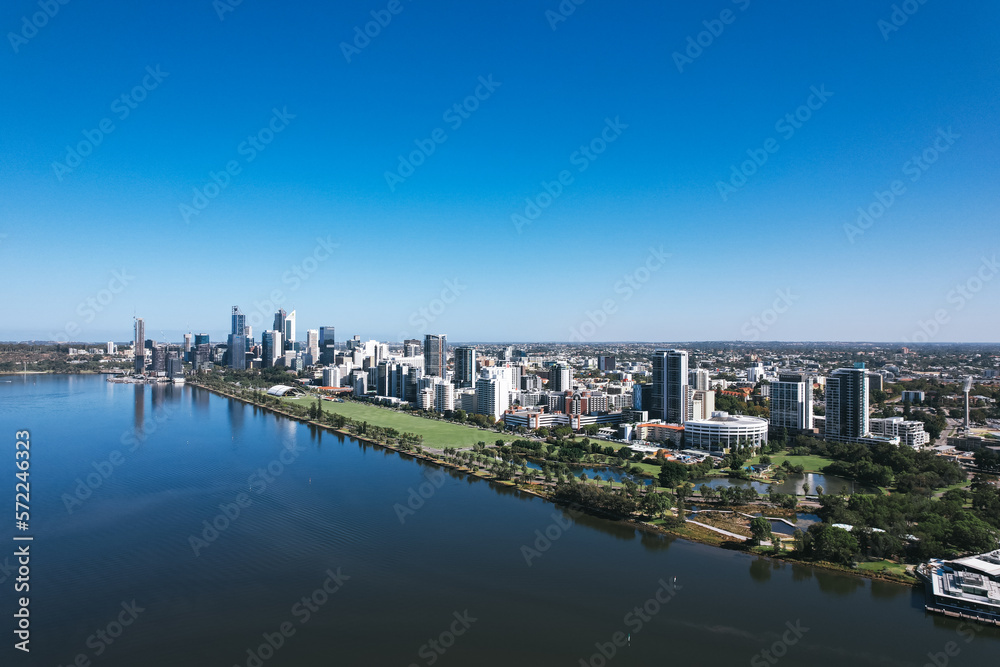 Aerial view of the city of Perth and Swan River taken from Heirisson Island on the Causeway.