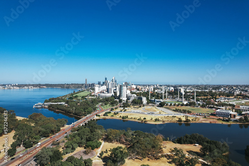 Aerial view of the city of Perth and the Swan River taken from Heirisson Island on the Causeway.