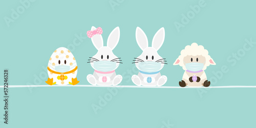 Osterei, 2 Weiße Osterhasen Mädchen/Junge & Schaf Maske Banner Türkis