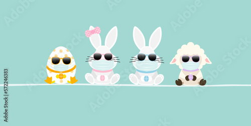 Osterei, 2 Weiße Osterhasen Mädchen/Junge & Schaf Maske Sonnenbrille Banner Türkis