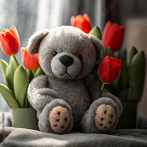 Children's soft toy plush gray bear and a bouquet of red tulips. Generative AI, generative artificial intelligence photo