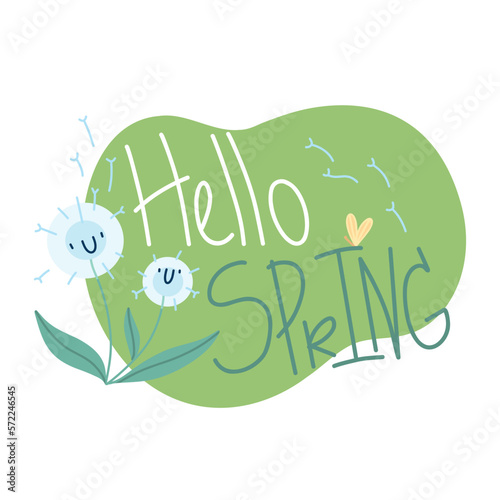 Hello spring colorful lettering with characters dandelions and a butterfly on a green shape
