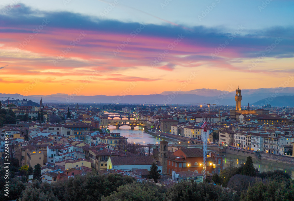 Firenze (Italy) - A view of artistic historical center of Florence, the capital of Renaissance culture and Tuscany region, with Ponte Vecchio and landscape from Piazzale Michelangelo square