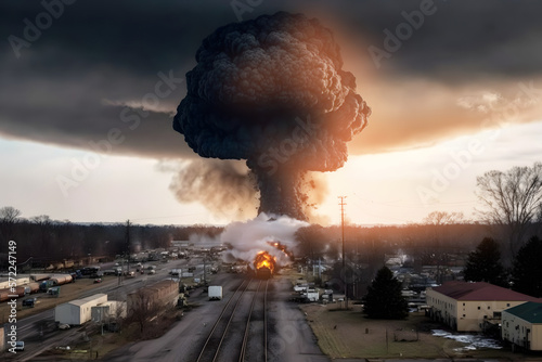 Train tanks burning. Wagons freight carrying oil, hazardous substances derailed. Concept technogenic disaster. Generation AI