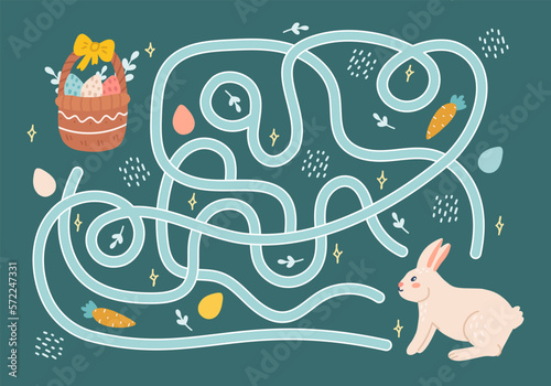 Labyrinth, help rabbit find way to basket with Easter eggs. Logical quest for children. Cute illustration for childrens books, educational game