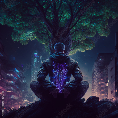 a pensive man sitting by a tree asks the cyberpunk lord his thoughts