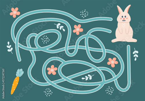 Labyrinth, help rabbit find way to carrot. Logical quest for children. Cute illustration for childrens books, educational game