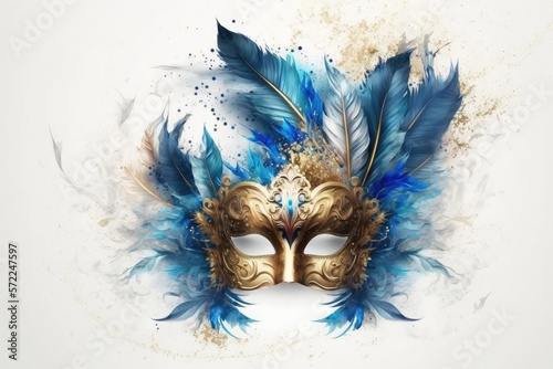 Decorative venetian carnival mask in golden and turquoise on white background. Front view. Generative ai.