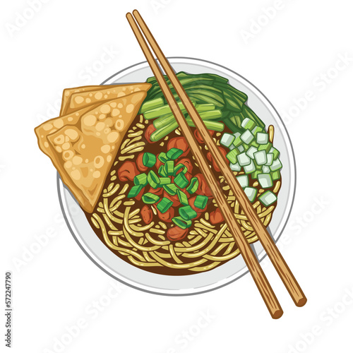 Indonesian Food, Mie Ayam.  Vector noodles with chicken and vegetables suitable for design elements, menus, advertising, banners, stickers or t-shirt designs.