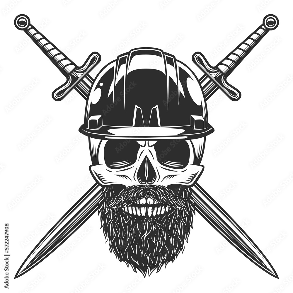 Skull with mustache and beard in construction helmet hard hat and ...