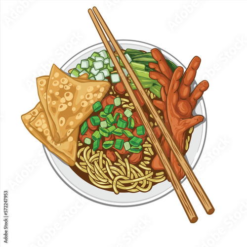 Indonesian Food, Mie Ayam Ceker.  Vector noodles with chicken feet and vegetables.  Additional dumplings for complement. Suitable for design elements, menus, banner, or advertising on social media.