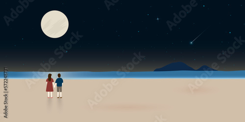 Full moon night at tropical blue sea, sand beach and mountain with couple of lover illustration. Landscape of coast beautiful sea shore beach at night flat design illustration.
