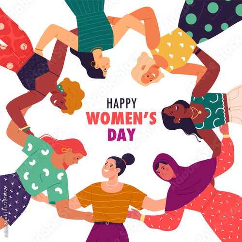 Happy Women's Day banner concept. Vector cartoon illustration of young happy women of different ethnicity and nationalities hugging each other in a circle. Isolated on white