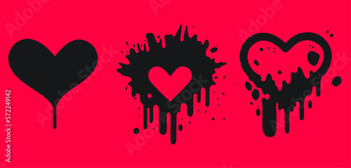 Set of red graffiti spray heart emojis. Collection of grunge melting hearts. Grunge black ink, splash stain and drip vector illustration with paint streaks.
