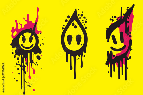 Set of black graffiti spray emojis. Grunge melting smiling faces. Grunge black ink, splash stain and drip. Paint streaks vector illustration.
