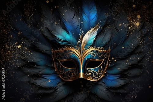 Beautiful carnival mask in gold and blue. Mardi Gras. Generative ai.