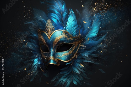 Beautiful carnival mask in turquoise on dark background. Generative ai. © FantasyEmporium