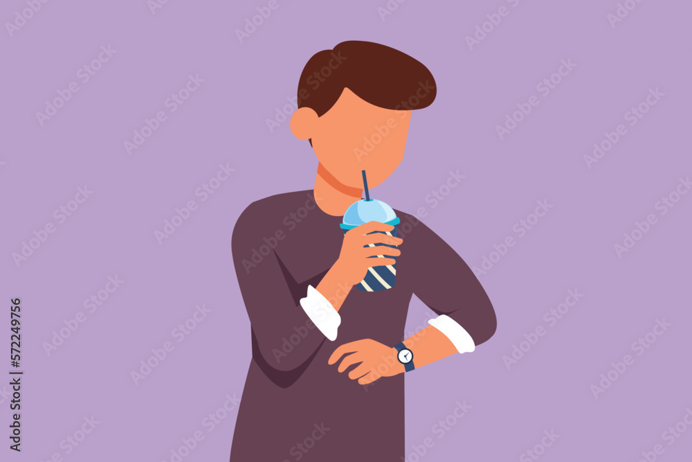 Graphic flat design drawing attractive man drink orange juice from plastic cup while looking at his watch. Busy time at office hour. Male feel thirsty in hot summers. Cartoon style vector illustration Graphic flat design drawing attractive man drink orange juice from plastic cup while looking at his watch. Busy time at office hour. Male feel thirsty in hot summers. Cartoon style vector illustration