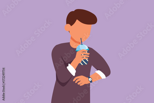 Graphic flat design drawing attractive man drink orange juice from plastic cup while looking at his watch. Busy time at office hour. Male feel thirsty in hot summers. Cartoon style vector illustration