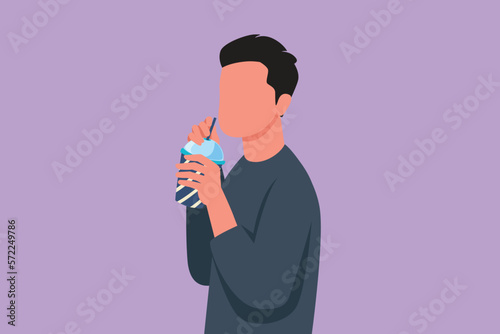 Cartoon flat style drawing side view of attractive man using straw and drinking smoothie juice from plastic cup. Male feel thirsty and try to refresh in hot summers. Graphic design vector illustration