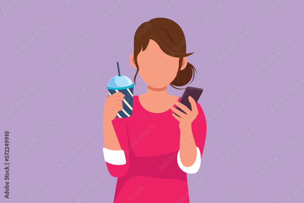 Graphic flat design drawing active beauty woman looking at mobile phone and holding glass of orange juice while having breakfast at home. Morning routine before work. Cartoon style vector illustration Graphic flat design drawing active beauty woman looking at mobile phone and holding glass of orange juice while having breakfast at home. Morning routine before work. Cartoon style vector illustration