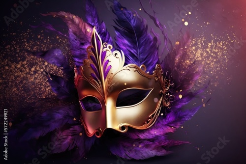 Purple carnival mask in with golden glitter background. Mardi Gras. Generative ai. © FantasyEmporium