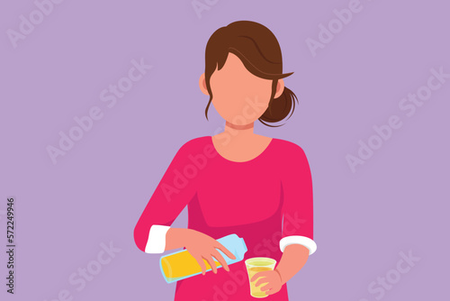 Graphic flat design drawing attractive woman pouring orange juice into glass from bottle while having breakfast at home. Healthy female feel thirsty in summer season. Cartoon style vector illustration