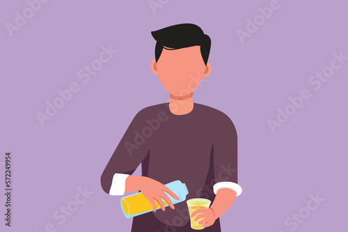 Cartoon flat style drawing active young man pouring orange juice into glass from bottle while having breakfast at home. Healthy male feels thirsty in summer season. Graphic design vector illustration