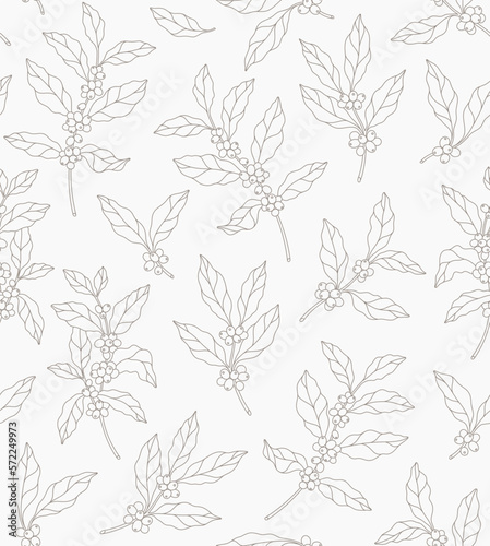 Seamless pattern of coffee tree branches. Coffee beans. Line illustration. 