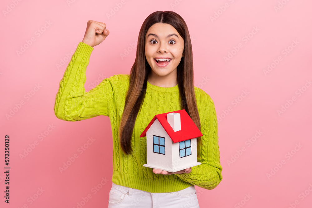 Photo of delighted girl hold little house raise fist achievement accomplishment isolated on pink color background Photo of delighted girl hold little house raise fist achievement accomplishment isolated on pink color background