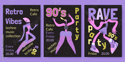 A set of vector banner templates for an event in the style of the nineties with funny characters in extravagant outfits. Rave party.