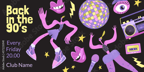 Vector banner template for an event in the style of the nineties with funny characters in extravagant outfits. Rave party