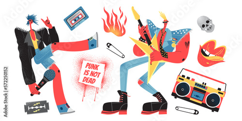 Set of vector illustrations in punk rock style. A man with a guitar, a girl with a microphone. Funny characters and objects