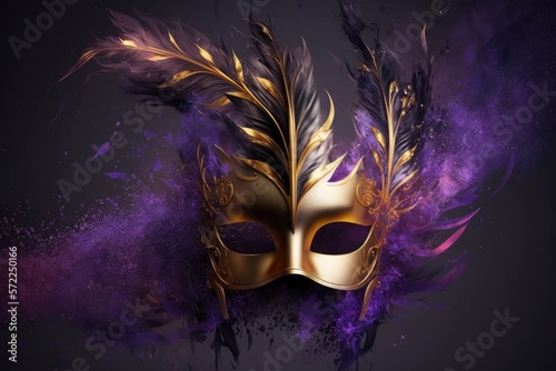 Carnival mask in golden and purple on dark background. Front view. Generative ai.