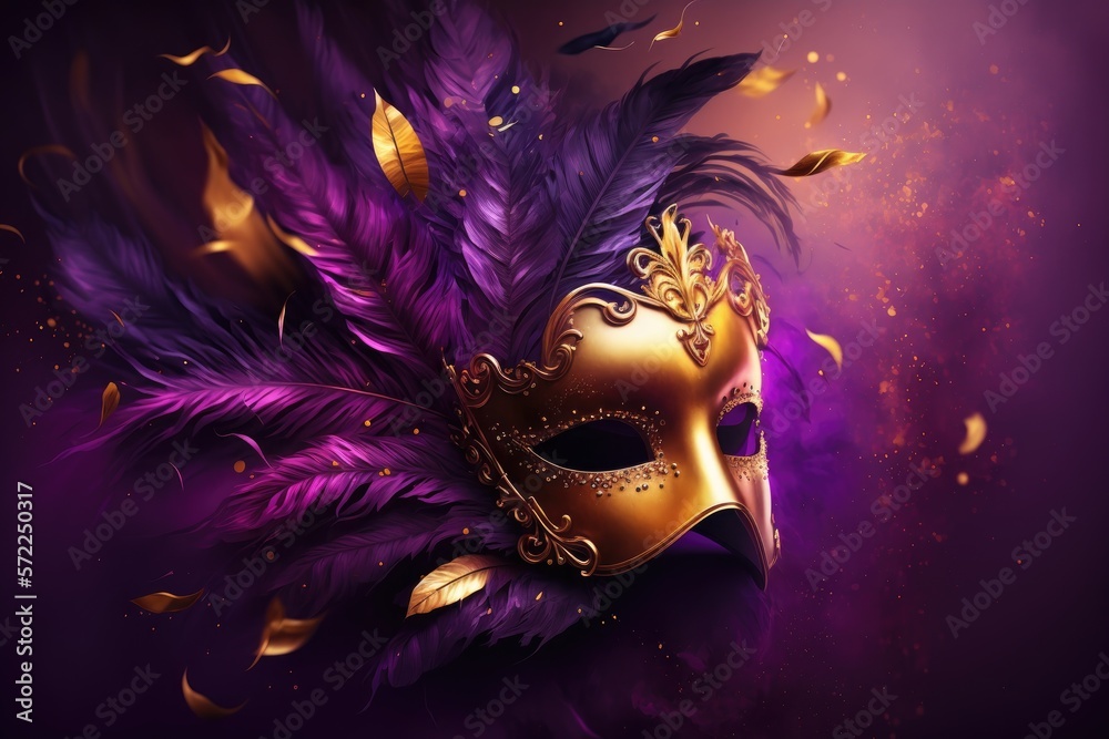 Golden carnival mask with purple feathers. Generative ai.