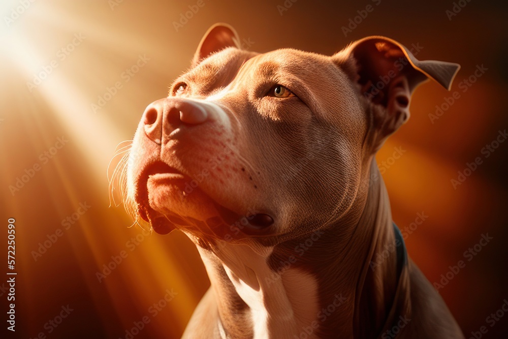 Pitbull close-up with sunbeam background, Generative AI