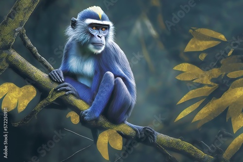 Blue monkey in the Rwenzori mountains. Diademed monkey on the branch. African Wildlife photo