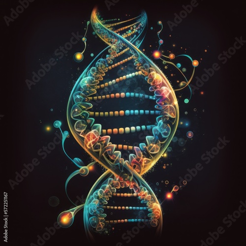 Illustration of a DNA Double Helix molecule on dark background AI generative.