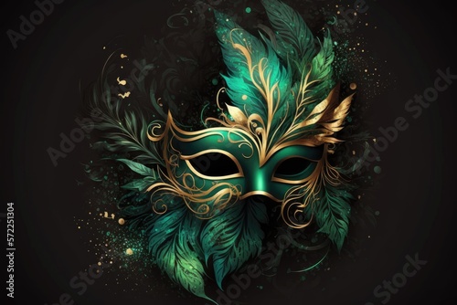 Leinwand Poster Carnival mask in golden and green on dark background